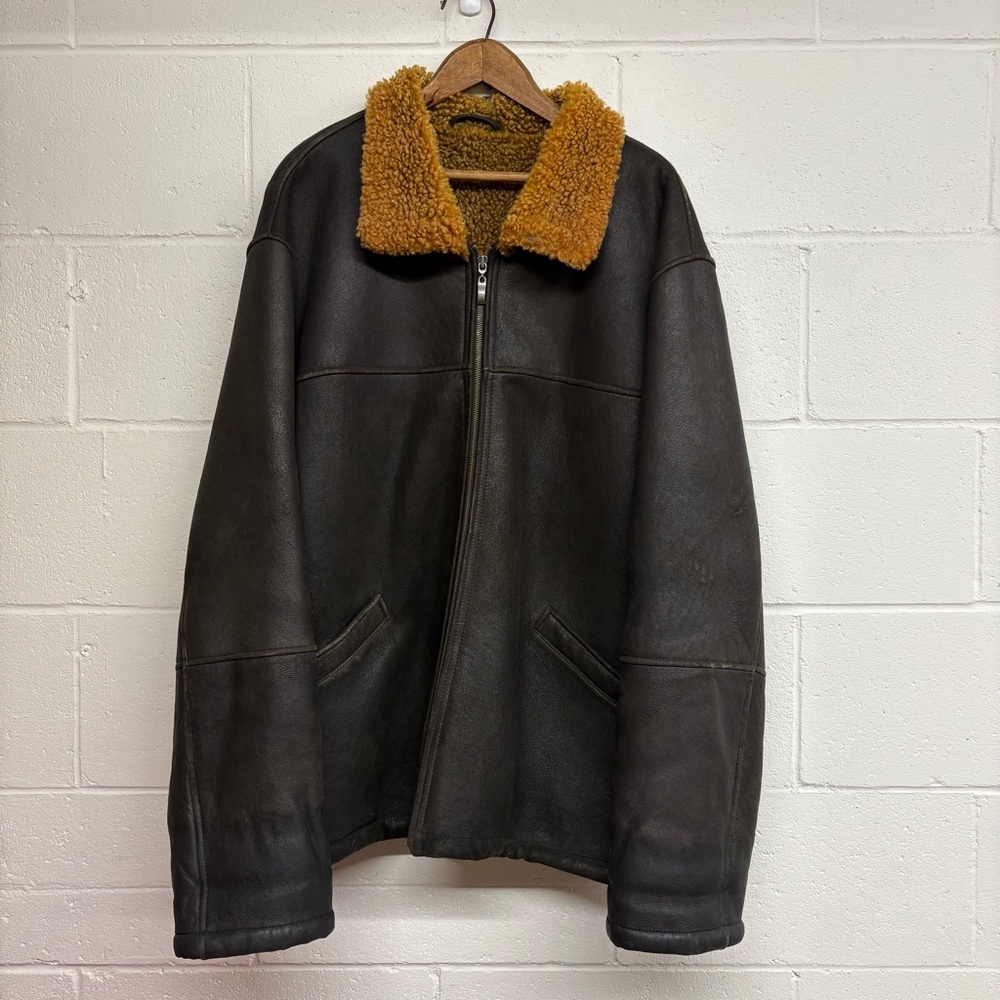 Men’s XL Brown Leather Shearling Aviator Style Jacket